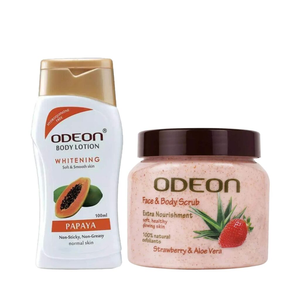 ODEON Skincare Strawberry & Aloe Vera Scrub + Whitening Papaya Body Lotion Combo - ODEON