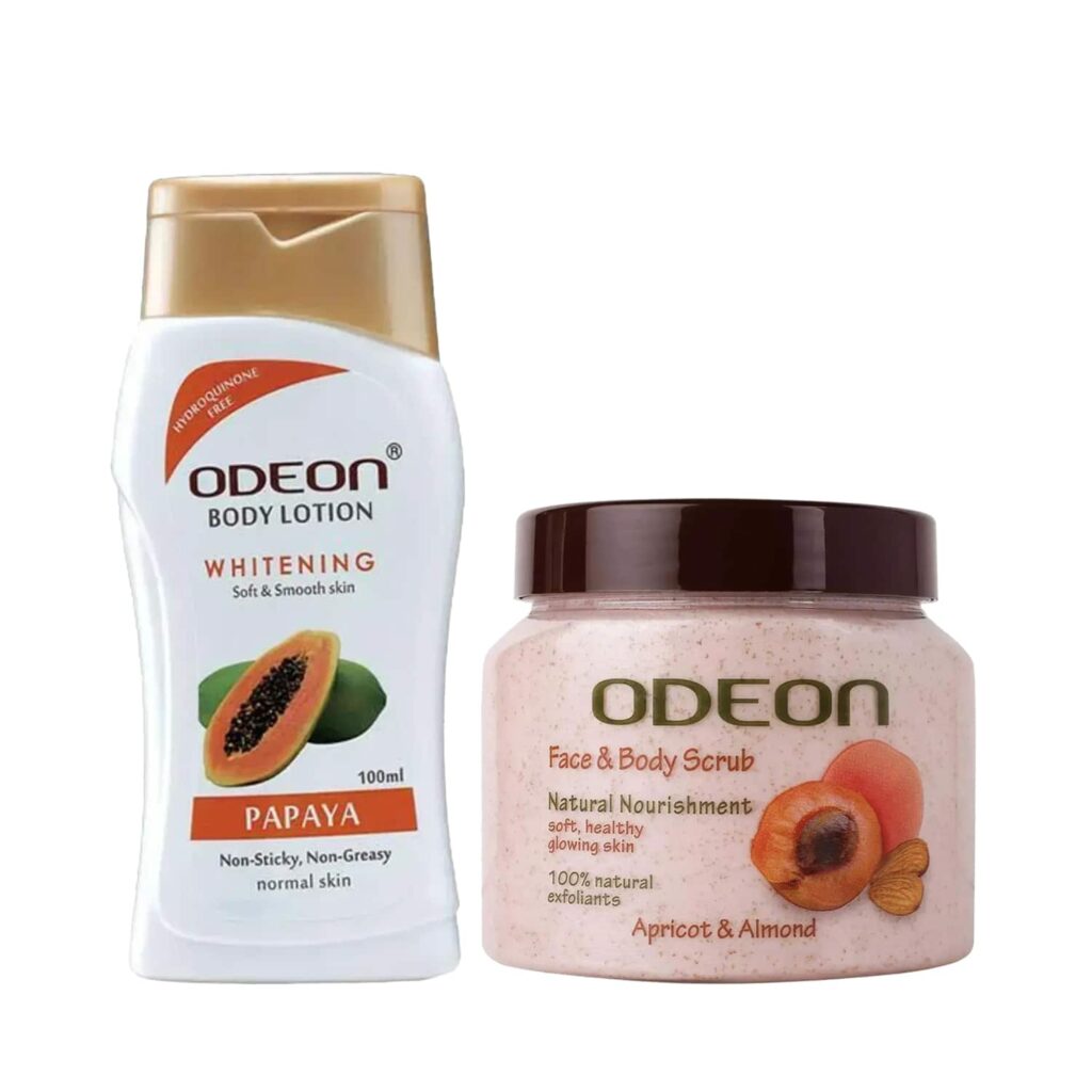 ODEON Skincare Whitening Papaya Body Lotion + Apricot & Almond Face And Body Scrub Combo - ODEON