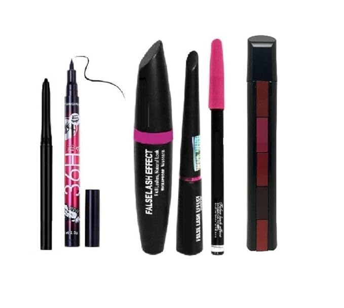OREAL GLOW Combo 3in1 Eyeliner, Mascara, Eyebrow Pencil, 5 Shades Lipstick, 36H Sketch Eyeliner and Waterproof Kajal Black (Pack of 6) Matte
