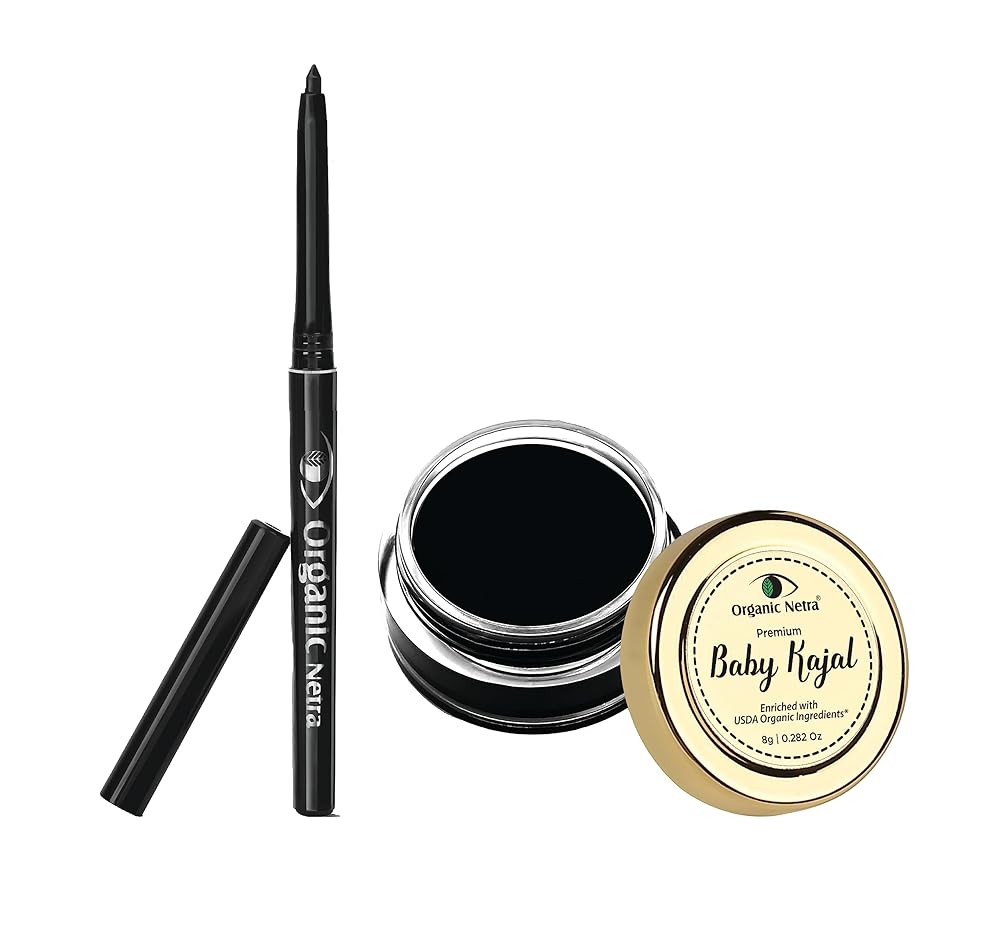 Organic Netra Baby Kajal With No Harmful Chemicals (8g) & Organic Netra Pure Black Kohl Kajal (20g) Combo Set, For Naturally Enchanting Eyes (Set of 2)