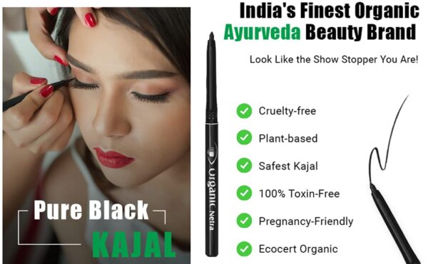 Organic Netra Pure Black Pencil Kajal Waterproof, Smudgeproof and Long Lasting Upto 12Hrs Enriched With All Natural Ingredients, Intense Colour, Matte Finish