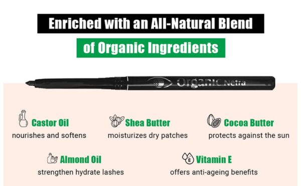 Organic Netra Pure Black Pencil Kajal Waterproof, Smudgeproof and Long Lasting Upto 12Hrs Enriched With All Natural Ingredients, Intense Colour, Matte Finish