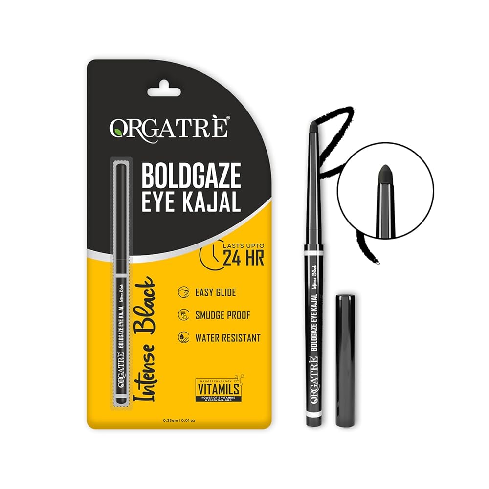 Orgatre Boldgaze Eye Kajal | Waterproof, Smudgeproof - 24 Hours Long Stay - Darkest Black- One Swipe Application - Vitamin E, Provitamin B5 and Castor Oil - 1.5 Gm, Matte Finish