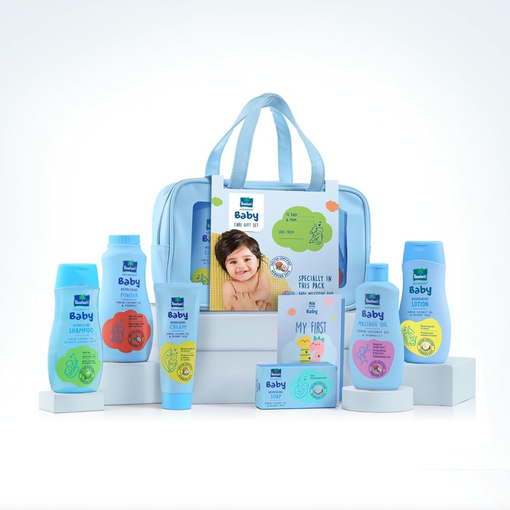 Parachute Advansed Baby Gift Pack with New Born Baby Essentials|100% Virgin Coconut Oil|with Travel Friendly Multi Utility Clear Bag
