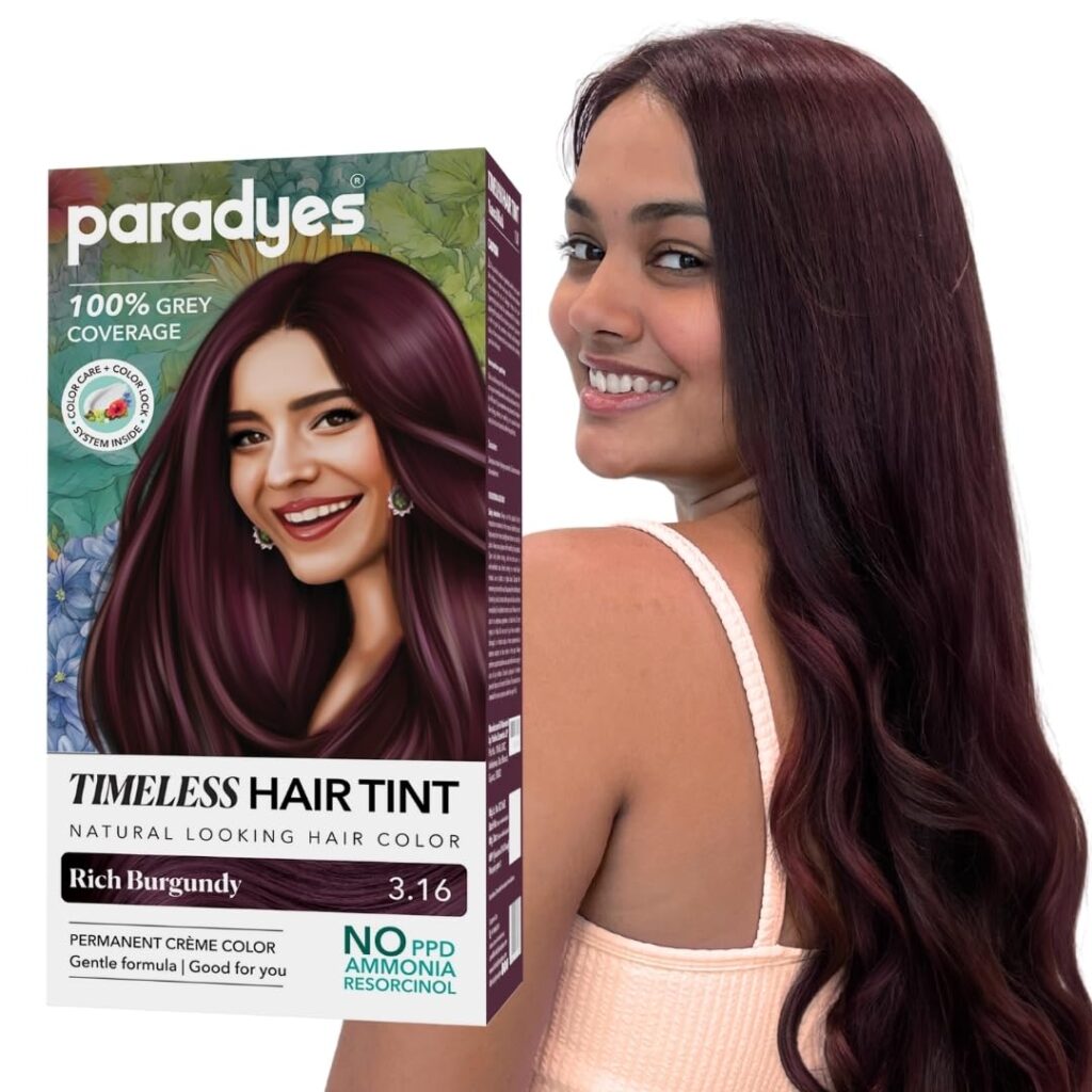 Paradyes Rich Burgundy Timeless Hair Tint, Permanent Crème Hair Colour for Natural-Looking Results, Complete Grey Coverage, Formula Free from PPD, Ammonia, & Resorcinol, 3.16...