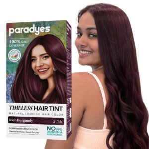 Paradyes Rich Burgundy Timeless Hair Tint, Permanent Crème Hair Colour for Natural-Looking Results, Complete Grey Coverage, Formula Free from PPD, Ammonia, & Resorcinol, 3.16...