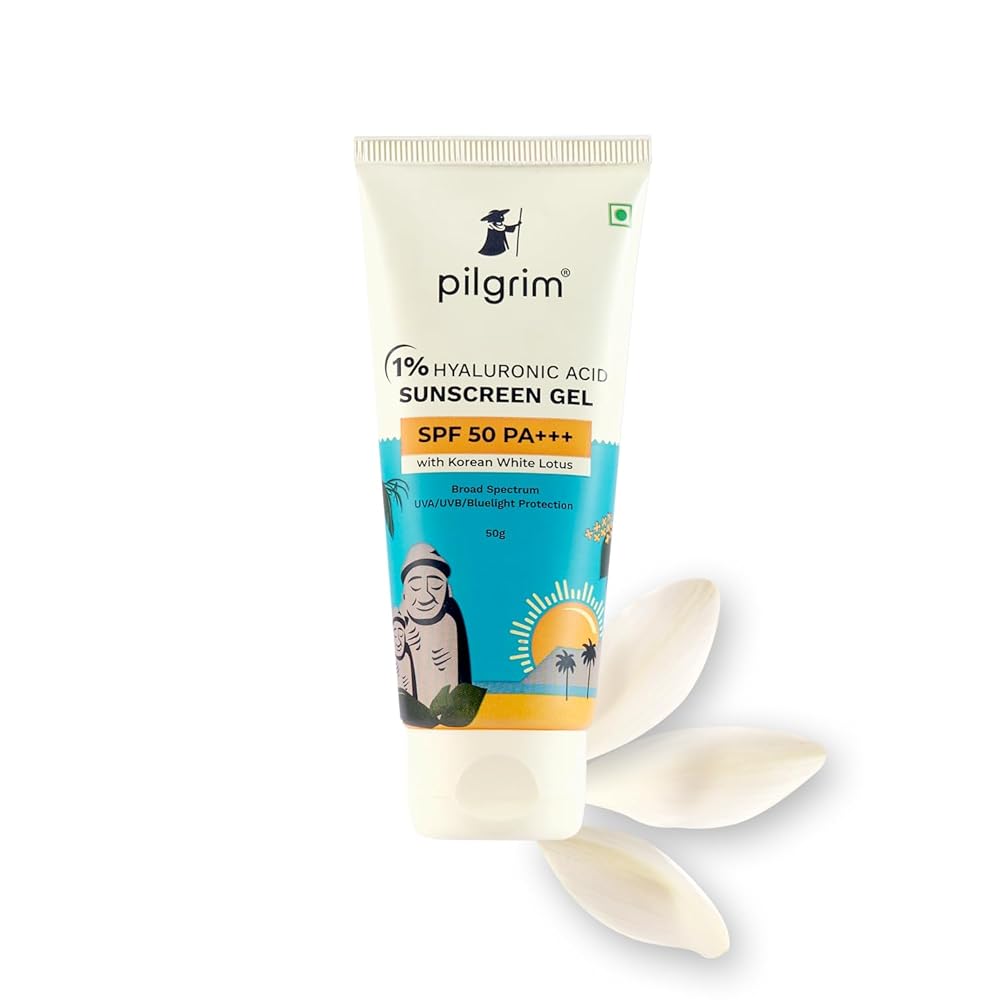 Pilgrim 1% Hyaluronic Acid Sunscreen Gel | Sunscreen SPF 50 +++ for men and women with Korean White Lotus | Broad spectrum, Non-greasy, No white cast & Prevents Tanning | All...