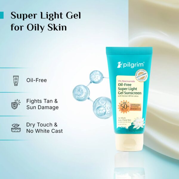 Pilgrim 5% Niacinamide Oil-Free Light Gel Sunscreen SPF 50+ PA++++ with Korean White Lotus (45 ml) - Pilgrim