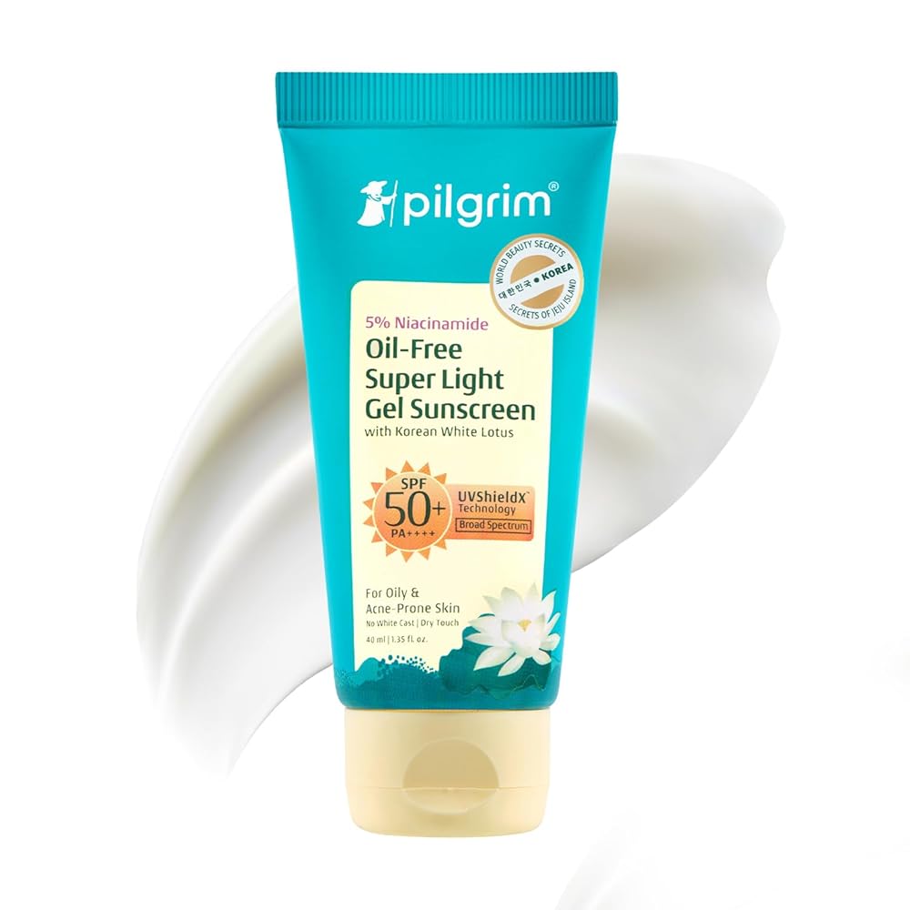 Pilgrim 5% Niacinamide Oil-Free Super Light Gel Sunscreen For Oily Skin SPF 50 PA++++ with Korean White Lotus | No White Cast, Dry Touch, Fast Absorbing | UVA/UVB , Broad...