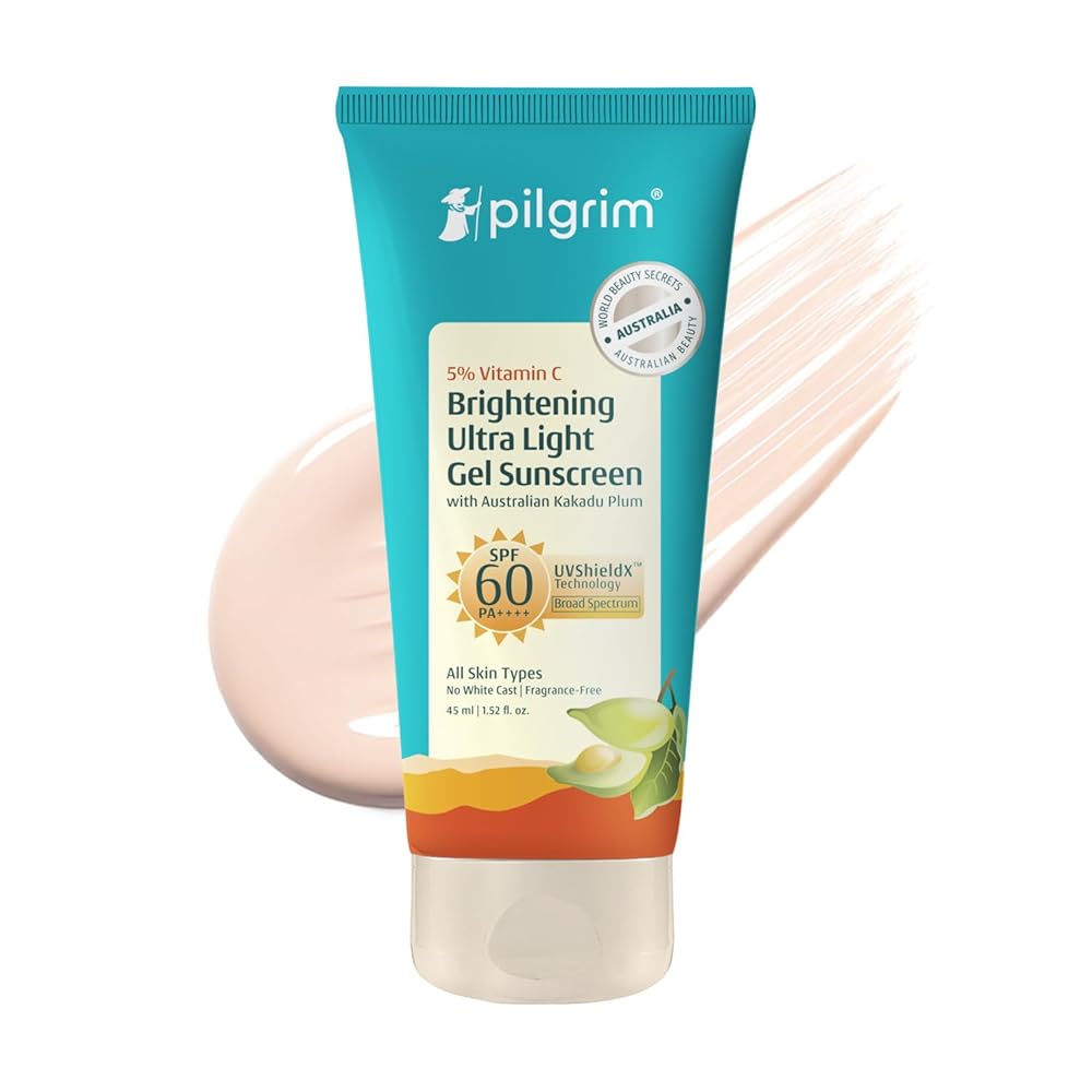 Pilgrim 5% Vitamin C Brightening Ultra Light Gel Sunscreen SPF 60 PA++++ 45ml | UVA/UVB Protection | No White Cast | Fights Tanning, Brightens Skin | Lightweight & Non-Greasy |...