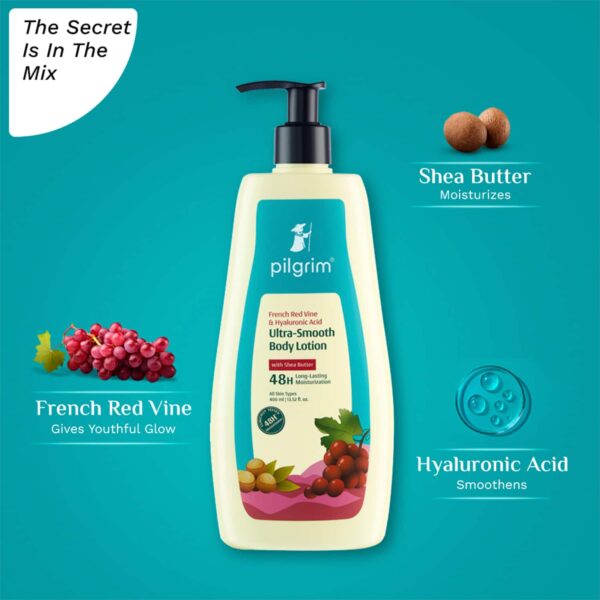 Pilgrim French Red Vine & Hyaluronic Acid Smooth Body Lotion 48H Longlasting Moisturization (400 ml) - Pilgrim