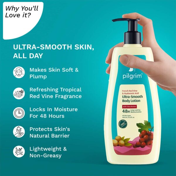 Pilgrim French Red Vine & Hyaluronic Acid Smooth Body Lotion 48H Longlasting Moisturization (400 ml) - Pilgrim