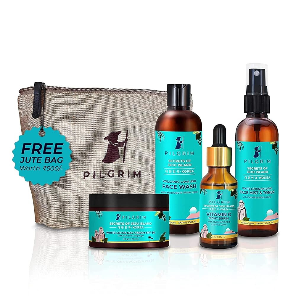 Pilgrim Korean Beauty Flawless Skin Face Care Kit With Vitamin C Night Serum & Jute Kit Bag | Daily Face Wash 100 Ml, Refreshing Face Mist & Toner 100 Ml, Brightening Day Cream...
