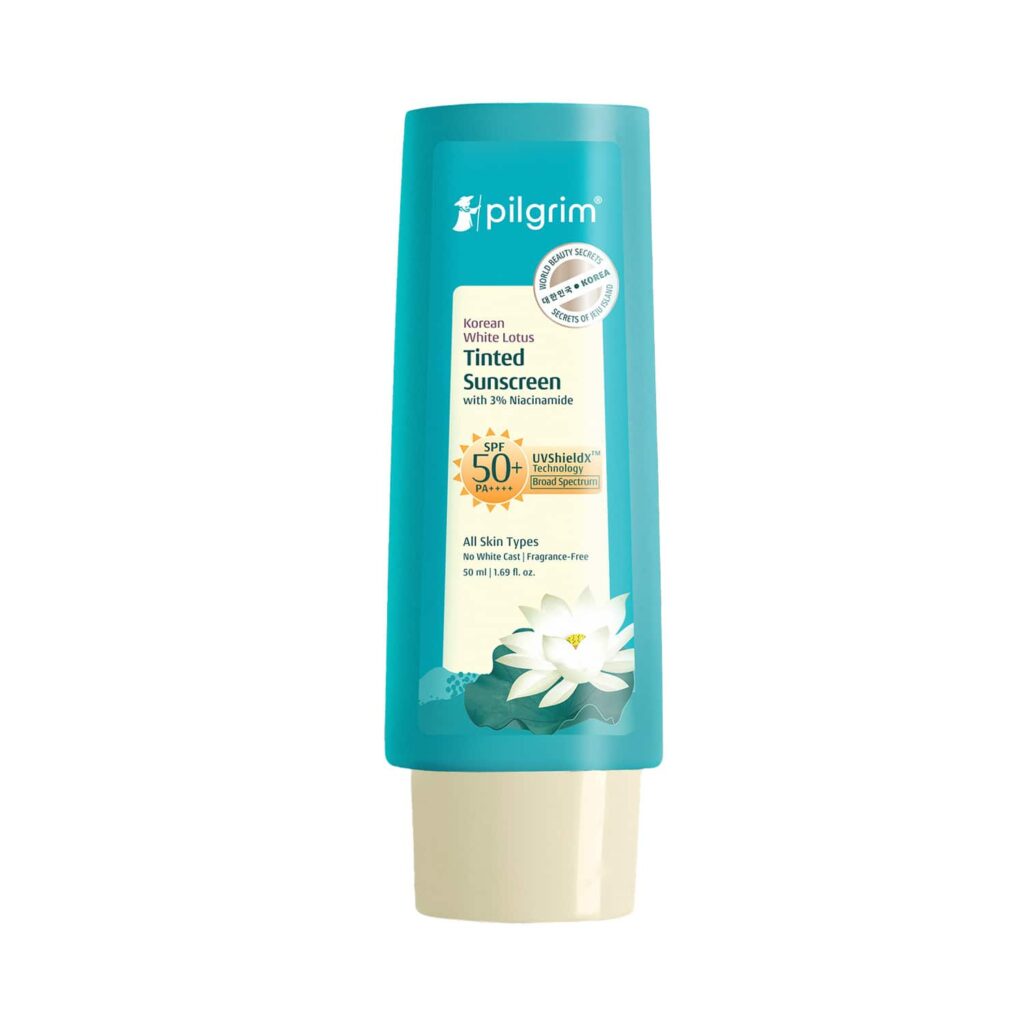 Pilgrim Korean White Lotus Tinted Sunscreen SPF 50+ PA++++ with 3% Niacinamide (50 ml) - Pilgrim