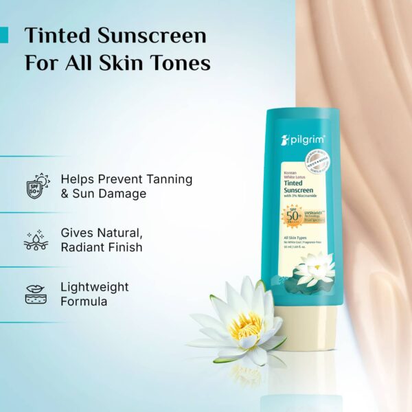 Pilgrim Korean White Lotus Tinted Sunscreen SPF 50+ PA++++ with 3% Niacinamide (50 ml) - Pilgrim