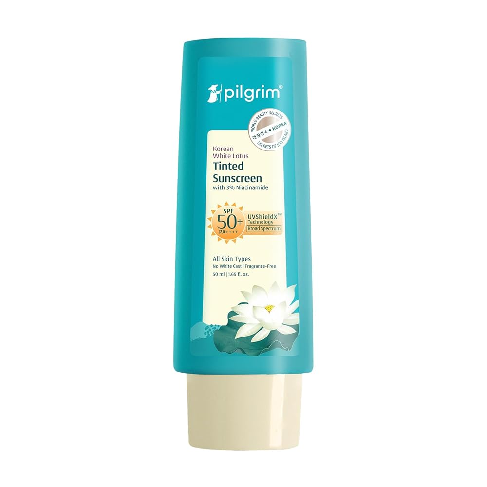 Pilgrim Korean White Lotus Tinted Sunscreen SPF 50+ PA++++ with 3% Niacinamide | No White Cast |Prevents Tanning | Lightweight | For All Skin Types | For Women and Men | 50ml