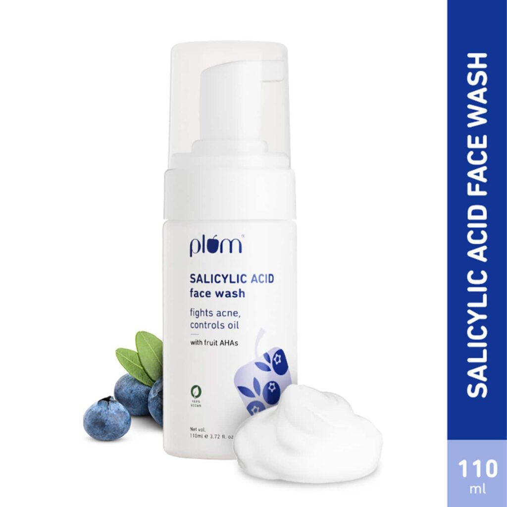 Plum 1% Salicylic Acid AHA Foaming Face Wash - Fights Active Acne & Oil For Smooth Skin (110ml) - Plum