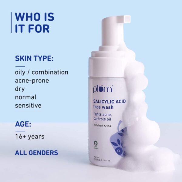 Plum 1% Salicylic Acid AHA Foaming Face Wash - Fights Active Acne & Oil For Smooth Skin (110ml) - Plum