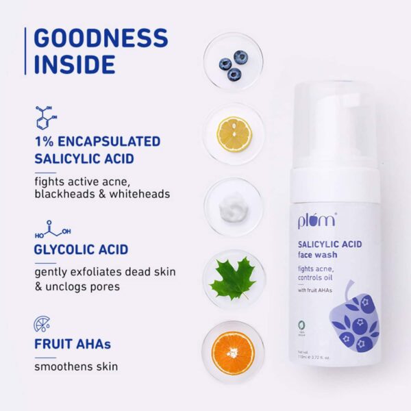 Plum 1% Salicylic Acid AHA Foaming Face Wash - Fights Active Acne & Oil For Smooth Skin (110ml) - Plum