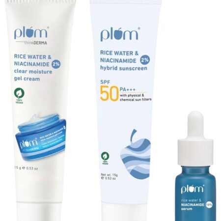 Plum 10% Niacinamide Face Serum 10ml| Plum 2% Niacinamide & Rice Water Hybrid Face Sunscreen with SPF 50 PA+++ 15gm | Plum thinkDERMA 2% Niacinamide & Rice Water Clear Moisture...