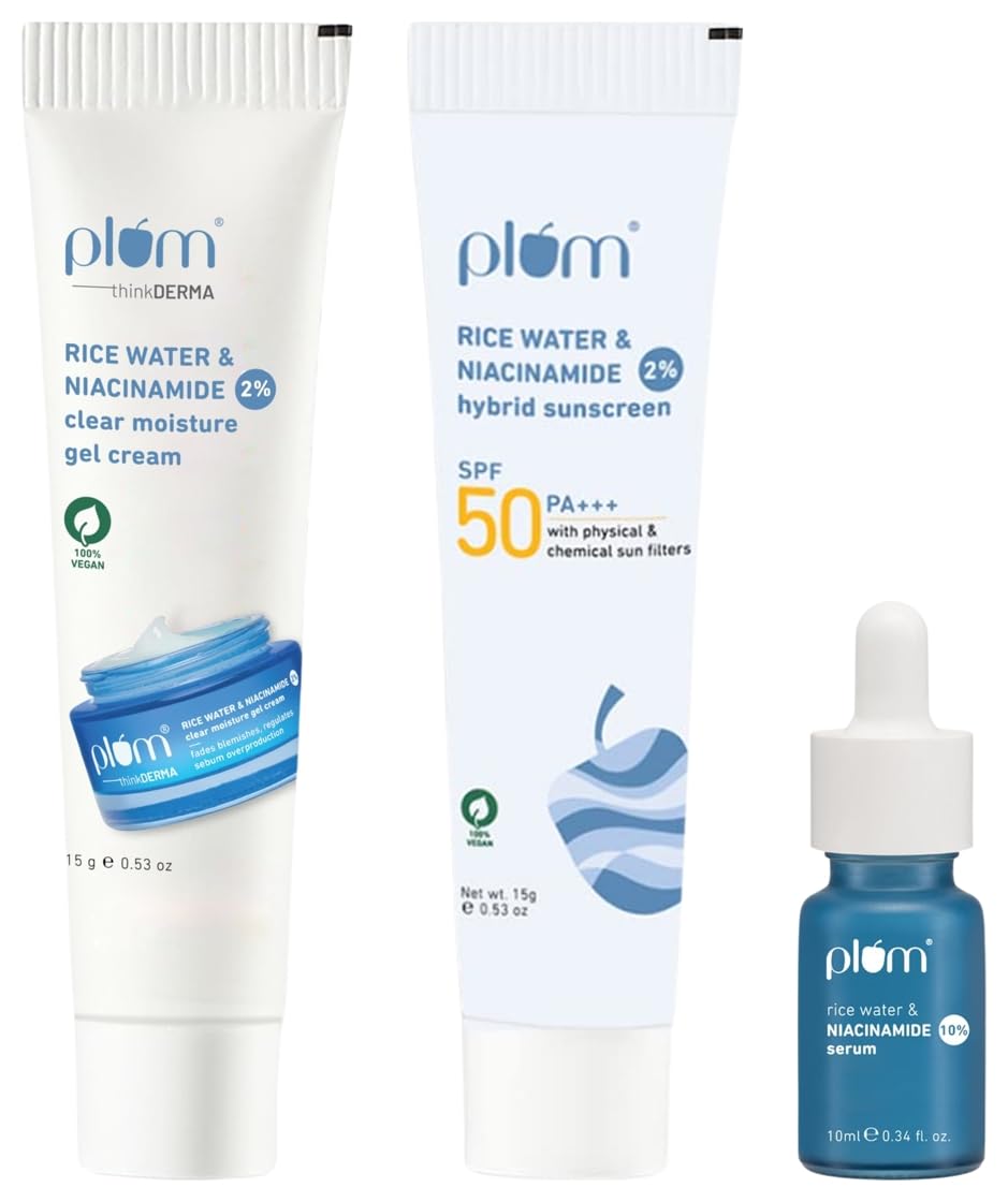 Plum 10% Niacinamide Face Serum 10ml| Plum 2% Niacinamide & Rice Water Hybrid Face Sunscreen with SPF 50 PA+++ 15gm | Plum thinkDERMA 2% Niacinamide & Rice Water Clear Moisture...