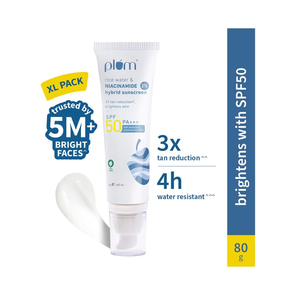 Plum 2% Niacinamide & Rice Water Hybrid Face Sunscreen With SPF 50 PA+++ (80 g) - Plum