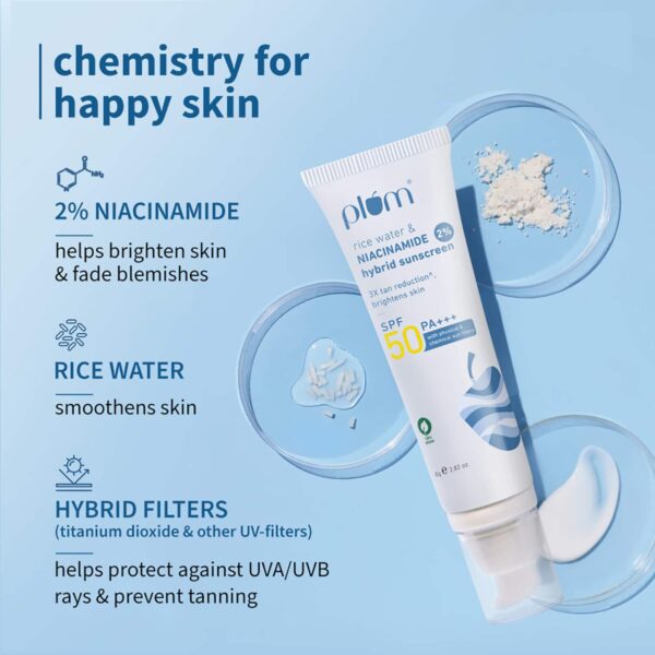 Plum 2% Niacinamide & Rice Water Hybrid Face Sunscreen With SPF 50 PA+++ (80 g) - Plum