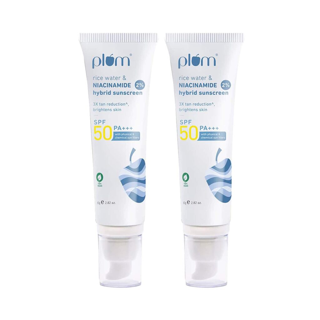 Plum 2% Niacinamide & Rice Water SPF 50 PA+++ Sunscreen, Fades Tan Pack of 2 Combo - Plum