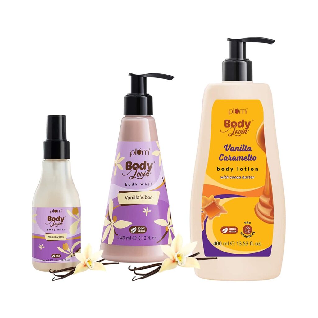 Plum BodyLovin' 3-in-1 Vanilla Caramello Body Lotion, Vanilla Vibes Body Wash & Body Mist Combo - Plum