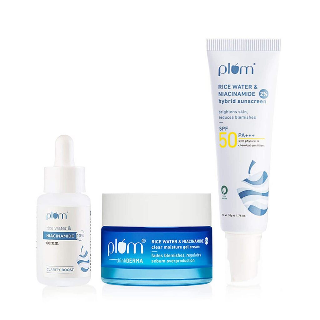 Plum Bright Skin Essentials Kit With Rice Water Serum, Gel Moisturizer & Spf 50 Sunscreen - Plum