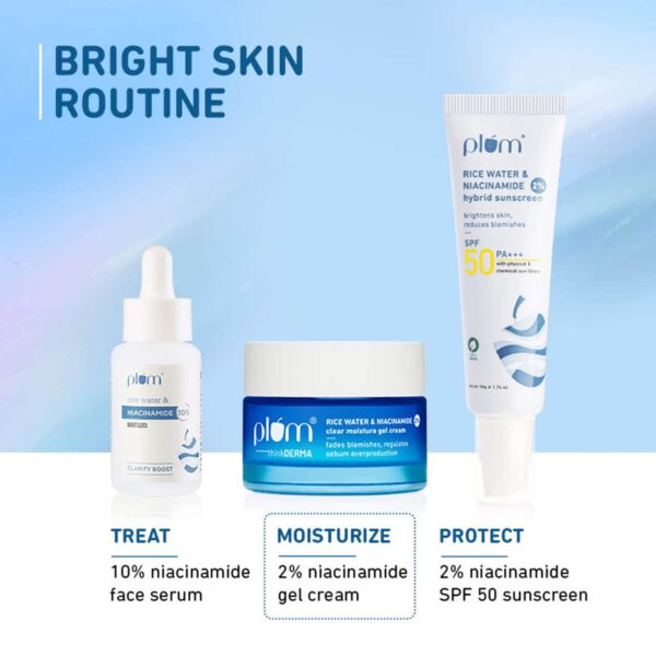 Plum Bright Skin Essentials Kit With Rice Water Serum, Gel Moisturizer & Spf 50 Sunscreen - Plum