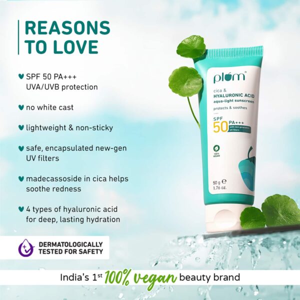 Plum Cica and Hyaluronic Acid Aqua-Light Sunscreen SPF 50 for All Skin Type (50 g) (Pack of 2) Combo - Plum