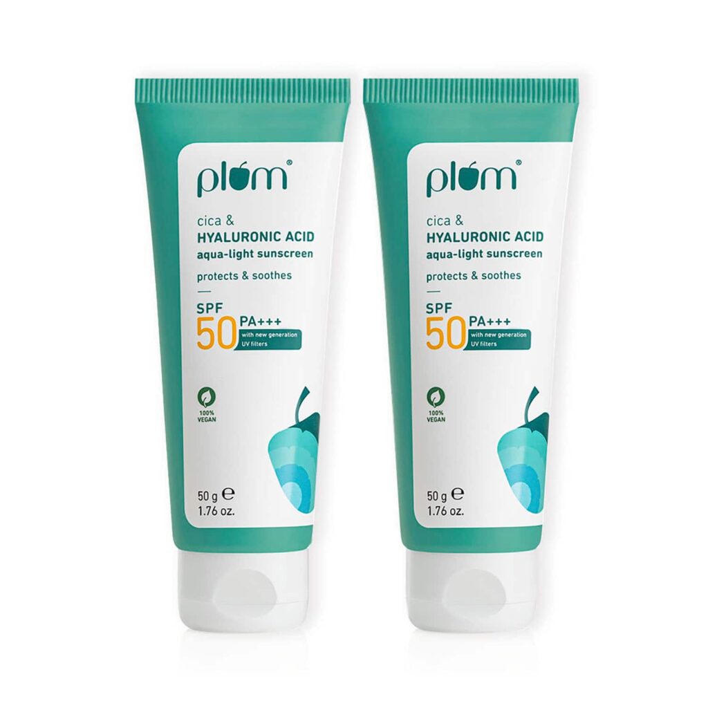 Plum Cica and Hyaluronic Acid Aqua-Light Sunscreen SPF 50 for All Skin Type (50 g) (Pack of 2) Combo - Plum