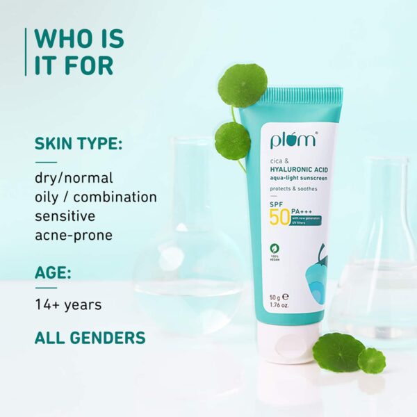 Plum Cica and Hyaluronic Acid Aqua-Light Sunscreen SPF 50 for All Skin Type (50 g) (Pack of 2) Combo - Plum
