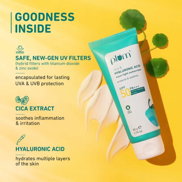 Plum Cica and Hyaluronic Acid Aqua-Light Sunscreen SPF 50 for All Skin Type (50 g) (Pack of 2) Combo - Plum