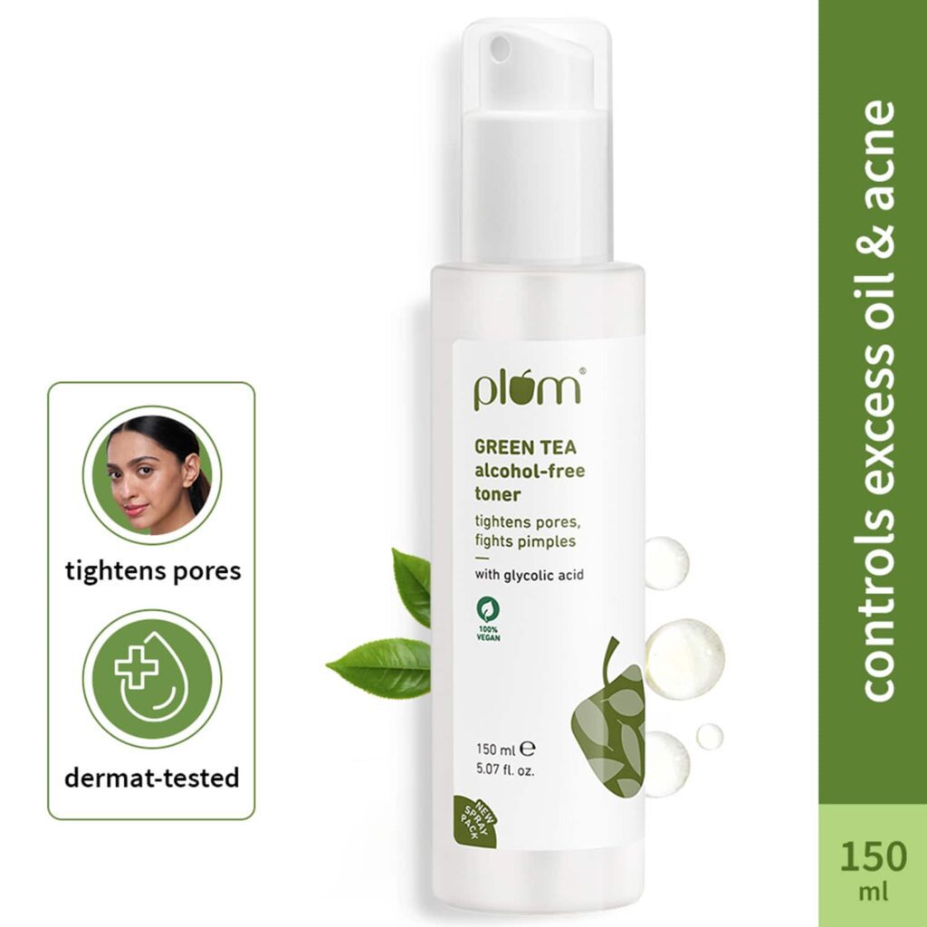 Plum Green Tea Alcohol-Free Face Toner for Oily Acneprone Skin Glycolic Acid Fights Pimples (150 ml) - Plum