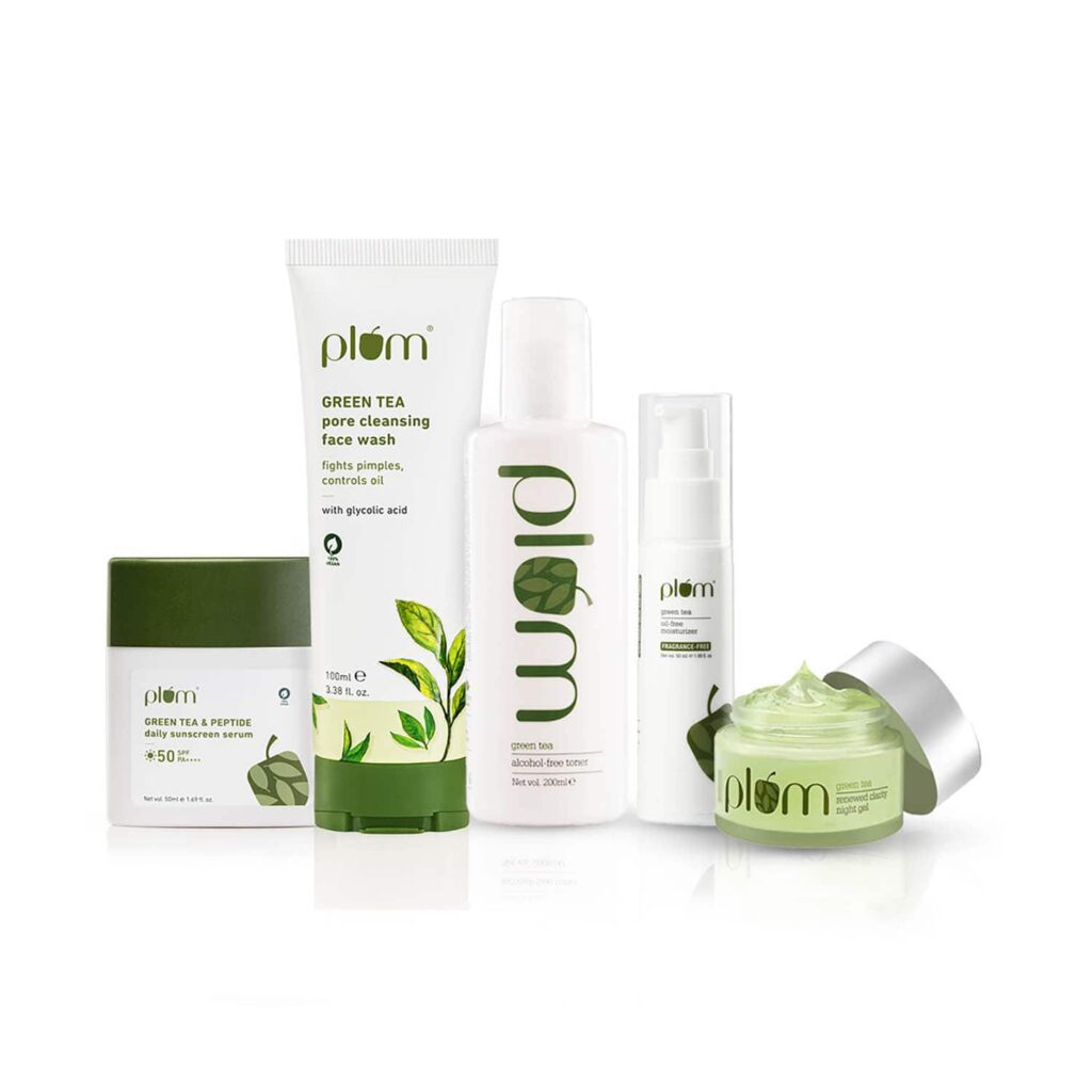 Plum Green Tea Am & Pm Routine Combo Face Wash, Toner, Moisturizer, Sunscreen Serum & Night Gel - Plum