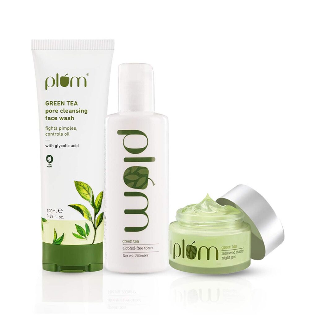 Plum Green Tea Cleanse & Night Repair Combo Face Wash (100 ml), Toner & Night Gel - Plum