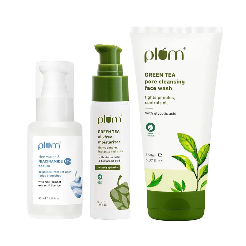 Plum Green Tea Face Wash, Serum and Moisturizer Trio with SPF 50 PA+++ for Acne Prone Skin - Plum