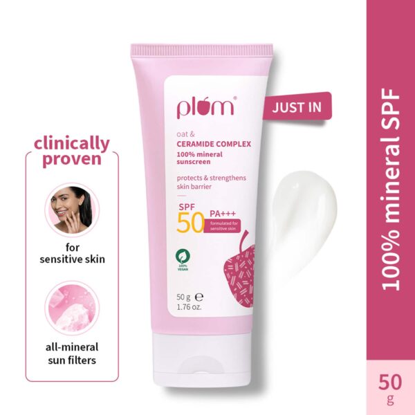 Plum Oat & Ceramide Complex 100% Mineral SPF 50 PA+ Sunscreen For Sensitive Skin Pack of 2 Combo - Plum