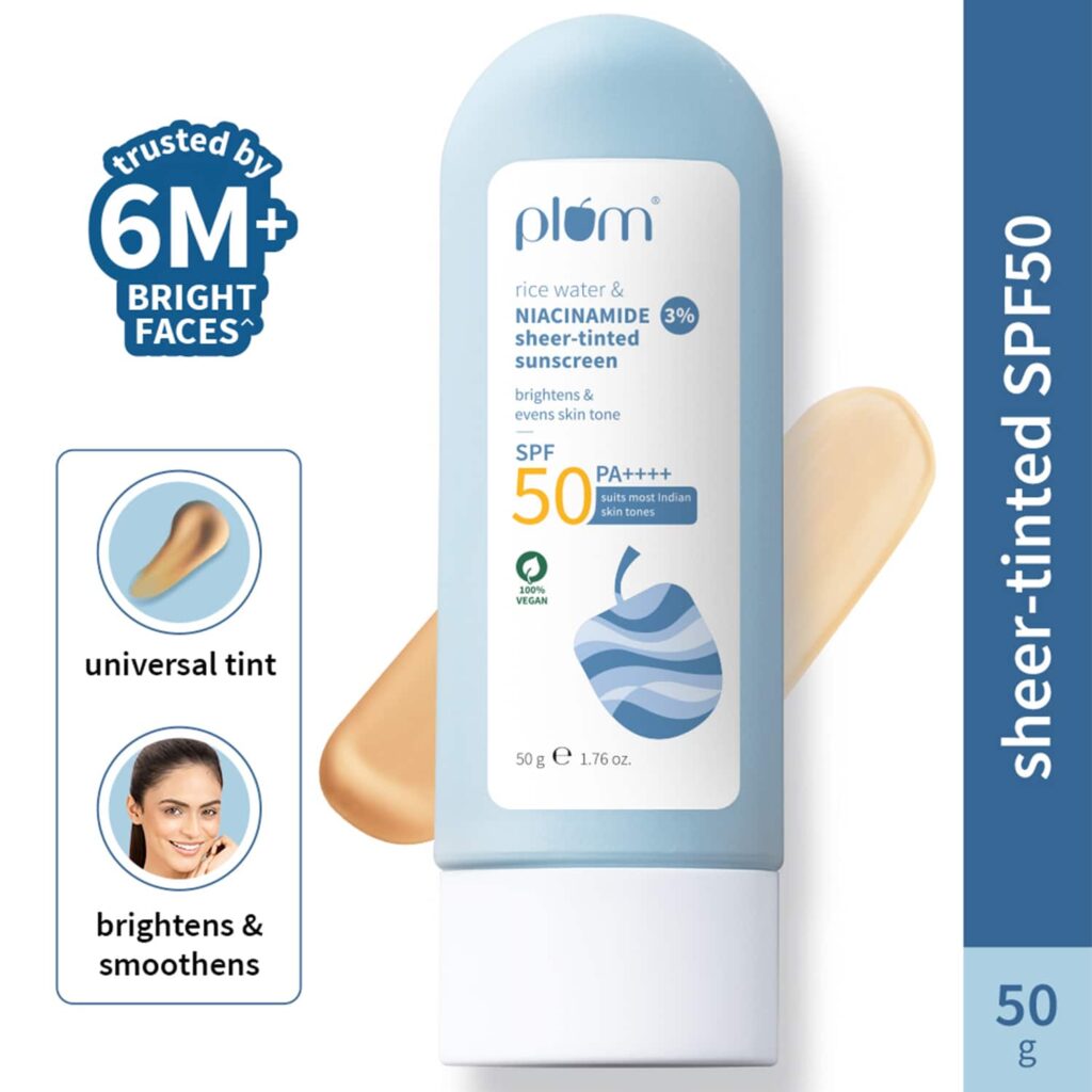 Plum Rice water & 3% Niacinamide sheer-tinted SPF 50 PA++++ sunscreen Universal Tint Non-Oily (50 g) - Plum