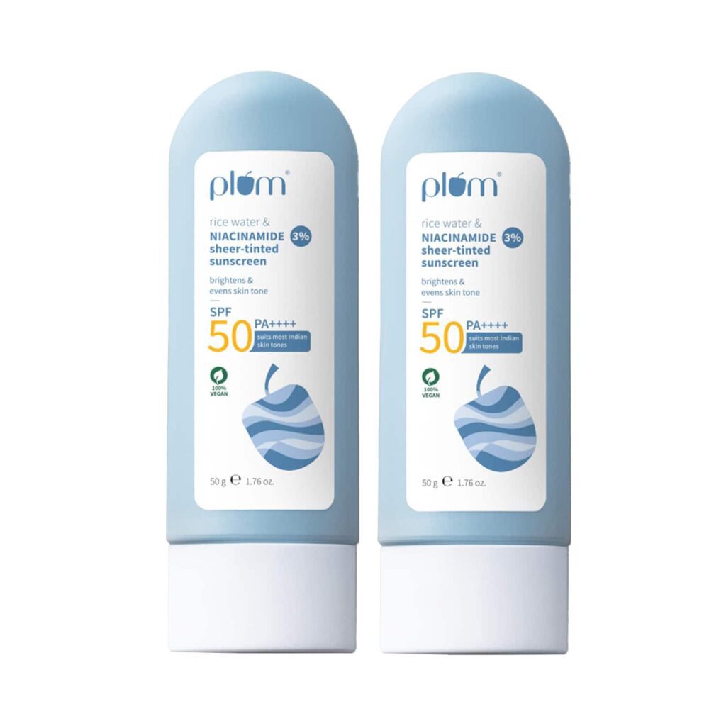 Plum Rice Water & 3% Niacinamide Sheer-tinted SPF 50 PA+ Sunscreen Universal Tint Pack of 2 Combo - Plum