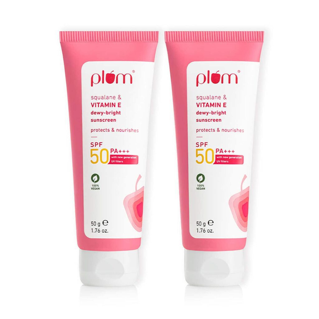 Plum Squalane and Vitamin E Dewy-Bright Sunscreen SPF 50 for All Skin Type (50 g) (Pack of 2) Combo - Plum