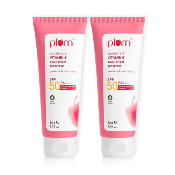 Plum Squalane and Vitamin E Dewy-Bright Sunscreen SPF 50 for All Skin Type (50 g) (Pack of 2) Combo - Plum