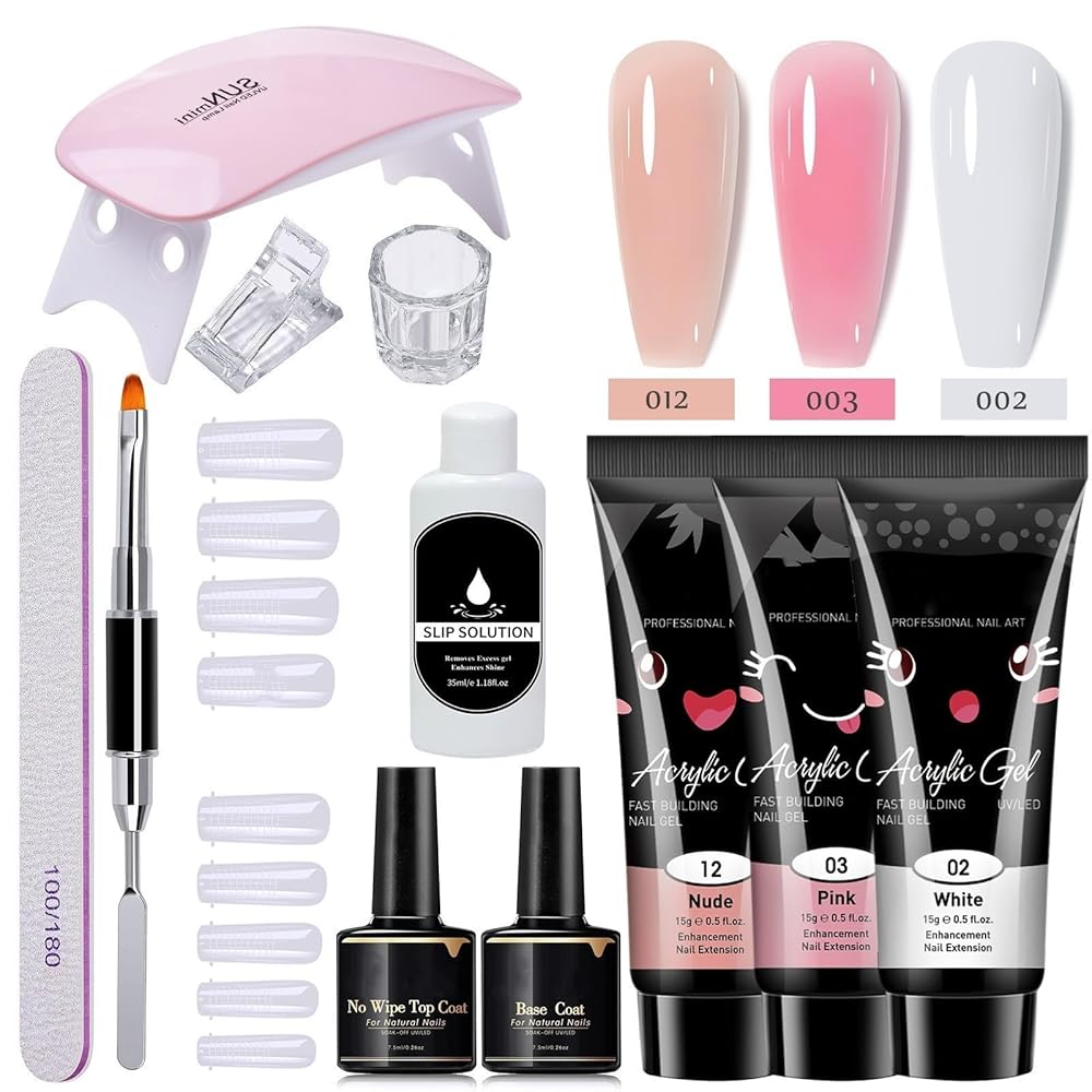 Poly Nail Gel Extension Kit for Builder Gel UV Nail Art Kit Nail Extension Set (Nude, Pink, White) (12 Items in the set)