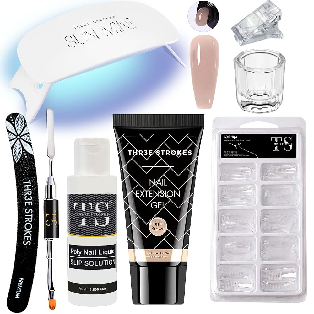 Poly Nail Gel Extension Kit With Slip Solution Uv Nail Lamp for Builder Gel UV Nail Art Kit Nail Extension Set {SSD KIT} (LIGHT BROWN, 8 IN 1)