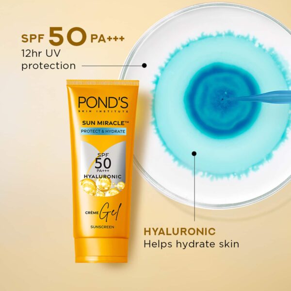 Pond's Sun Miracle SPF 50 PA+++ Crème Gel Sunscreen - Protect & Hydrate, With Hyaluronic Acid (50 g) - Pond's