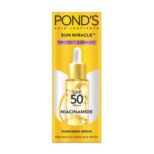 POND'S Sun Miracle SPF 50 PA++ Sunscreen Serum - Protect & Bright, With 1.25% Niacinamide, Prevent & Fade Dark Spots, Lightweight, No White Cast 14ml