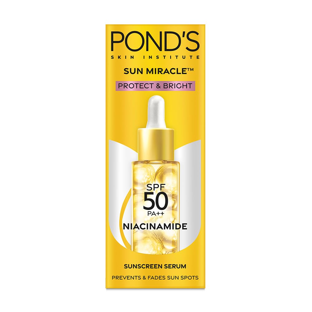 POND'S Sun Miracle SPF 50 PA++ Sunscreen Serum - Protect & Bright, With 1.25% Niacinamide, Prevent & Fade Dark Spots, Lightweight, No White Cast 14ml