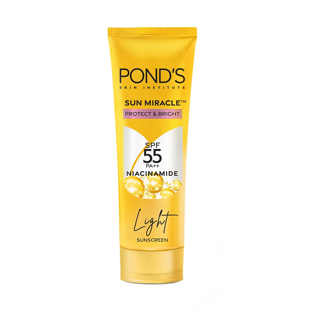 POND'S Sun Miracle SPF 55 PA+++ Light Sunscreen - All Skin Protect & Bright, With 3% Niacinamide, Fade Dark Spots in 4 Weeks, Lightweight, No White Cast 50g